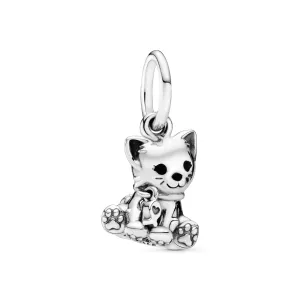 Cat silver dangle with black enamel