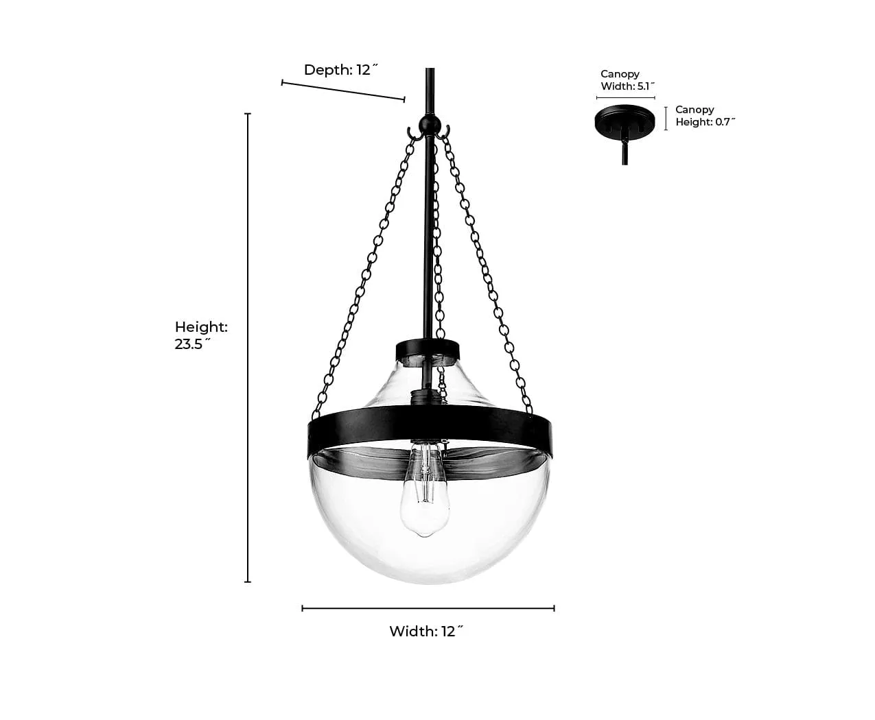 Clarra Pendant - Matte Black - Clear Glass - 12in. Diameter - E26 Medium Base