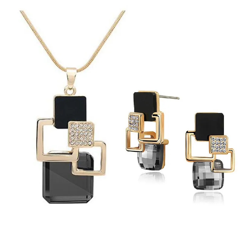 Classic crystal geometric square jewelry set