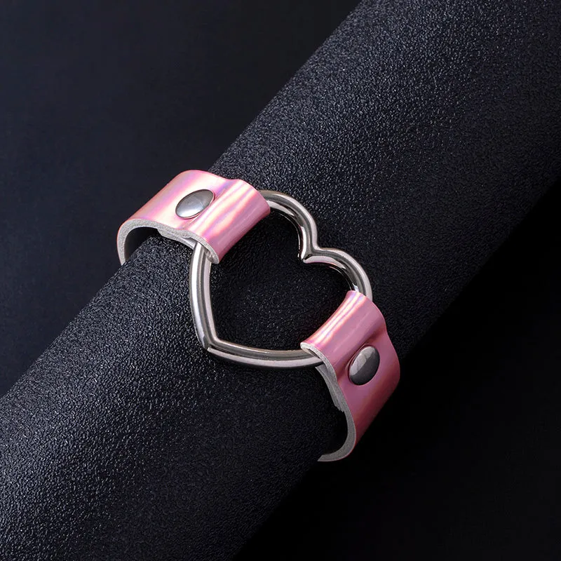 Colorful PU Leather Bangle Punk Hollow Heart Charms Adjustable Bracelets