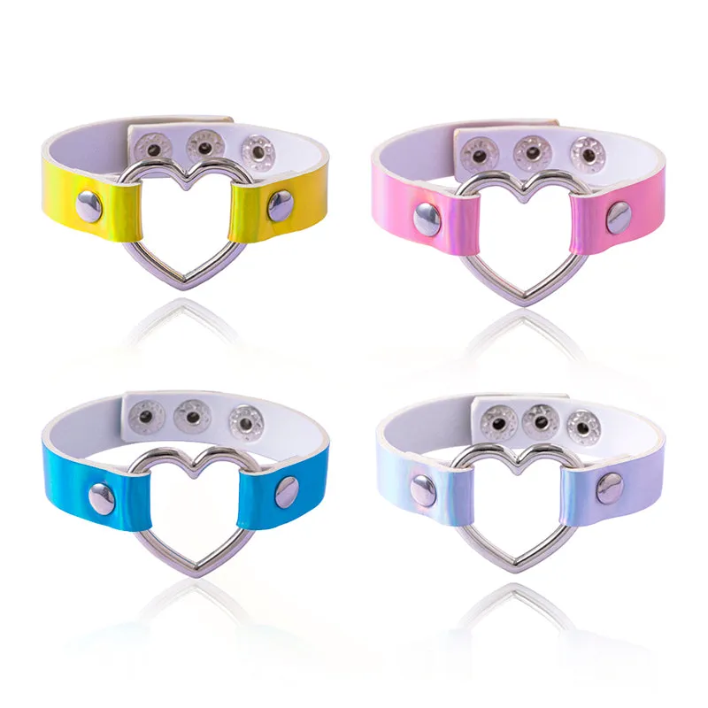 Colorful PU Leather Bangle Punk Hollow Heart Charms Adjustable Bracelets