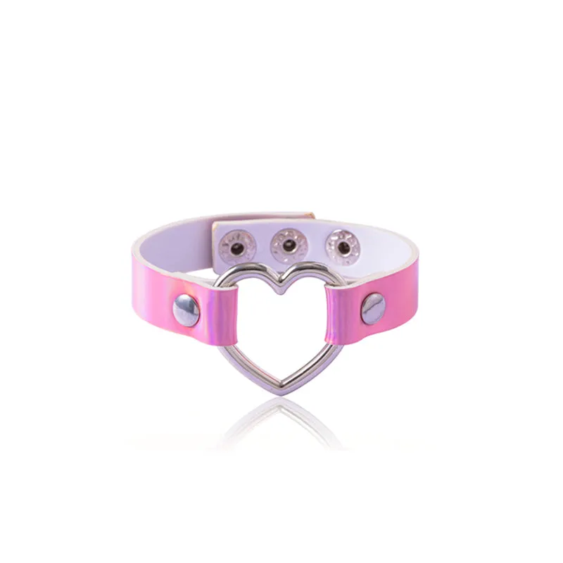 Colorful PU Leather Bangle Punk Hollow Heart Charms Adjustable Bracelets