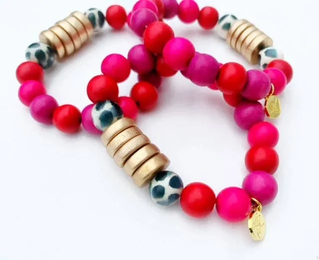 Colorful Wood Beaded Bracelet - Fuchsia Red Black White Gold