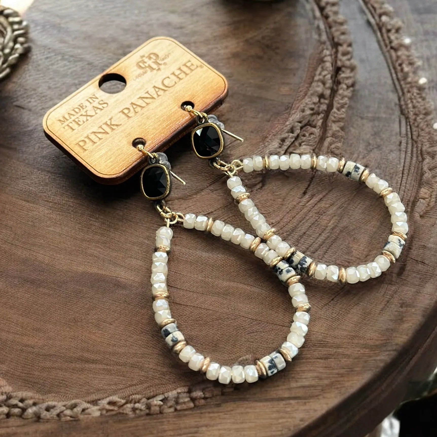 Cream Beaded Teardrop Earrings