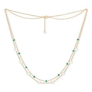 Credo fine double chain necklace with cultured freshwater pearls & emerald