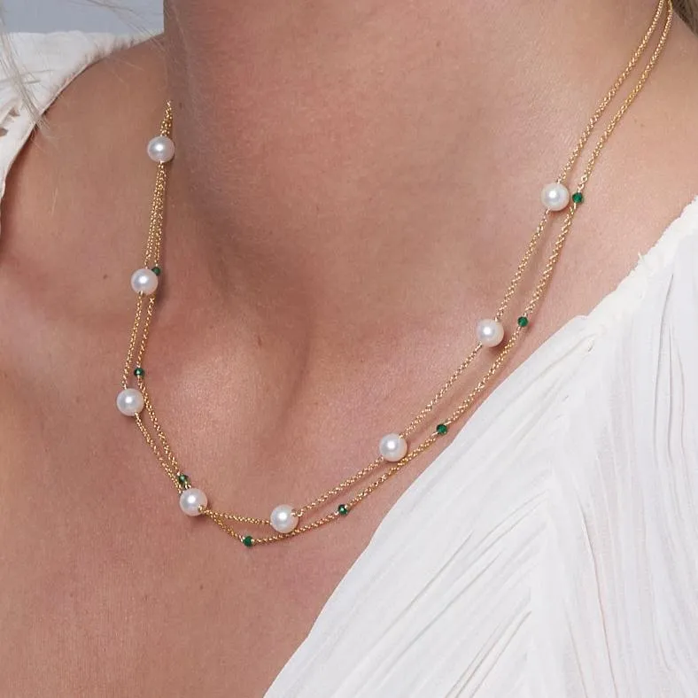 Credo fine double chain necklace with cultured freshwater pearls & emerald