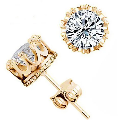 Crown 18k Gold Plated Earrings Women Brincos De Prata Men CZ Diamond Silver White Crystal Jewerly Double Stud Earing