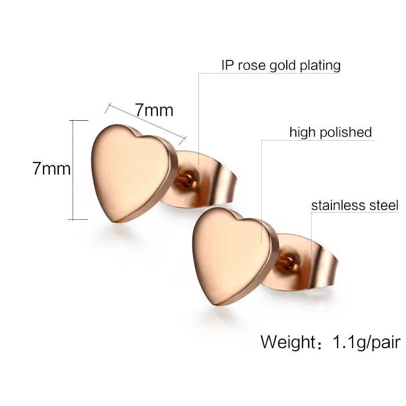 Cute heart stud earrings rose gold plated earrings for women jewelry stainless steel small ear gift