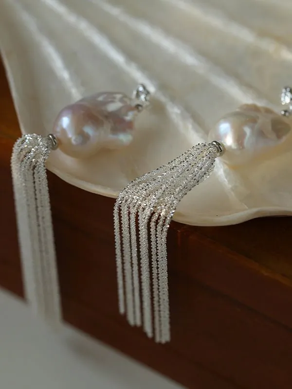 Dazzling Baroque Silver Chain Tassel Drop Earrings