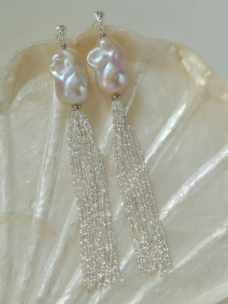 Dazzling Baroque Silver Chain Tassel Drop Earrings