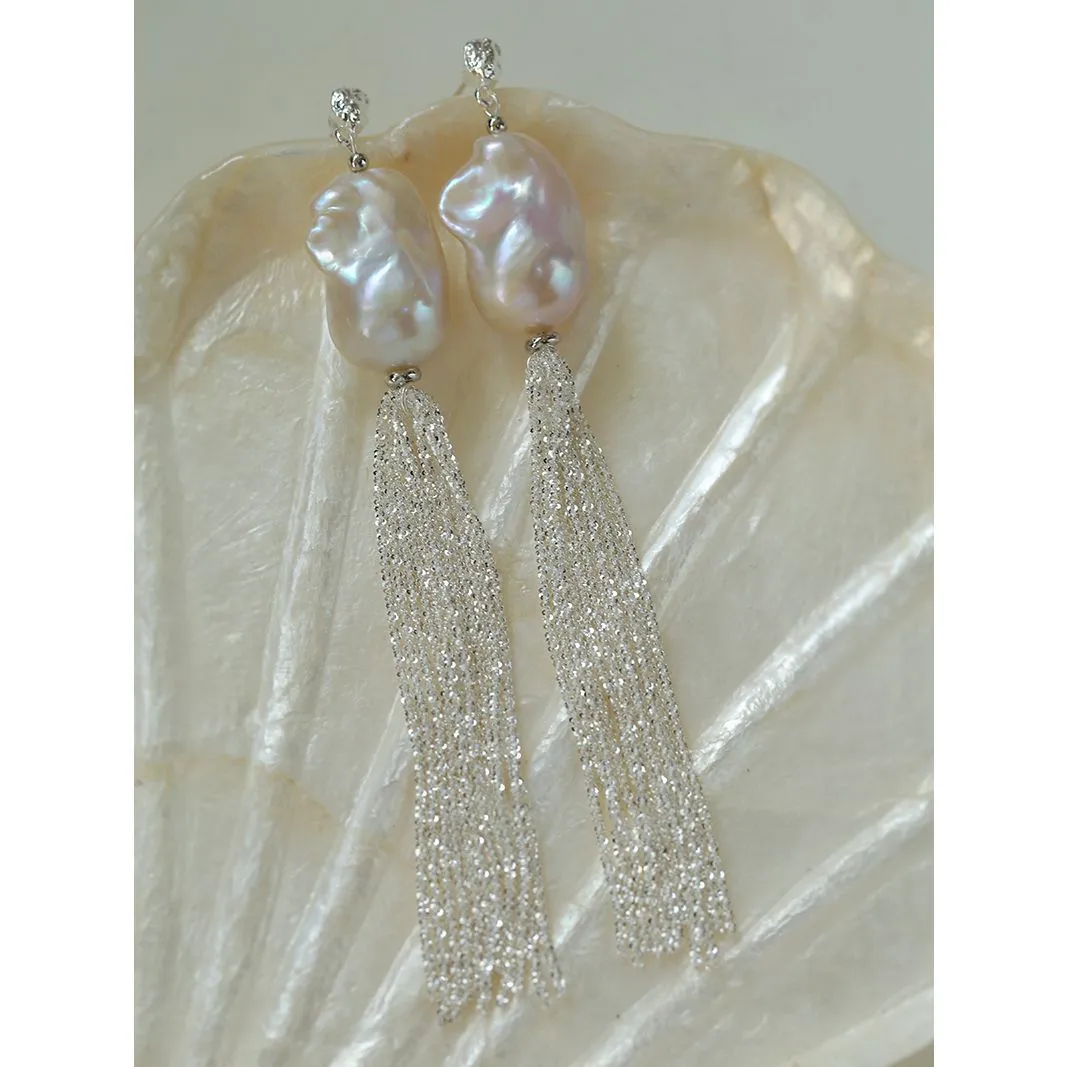 Dazzling Baroque Silver Chain Tassel Drop Earrings