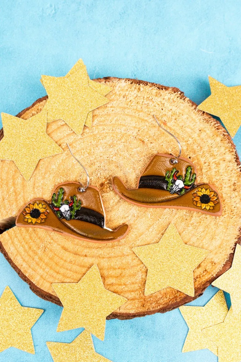 Desert Sunflower Cowboy Hat Faux Leather Earrings