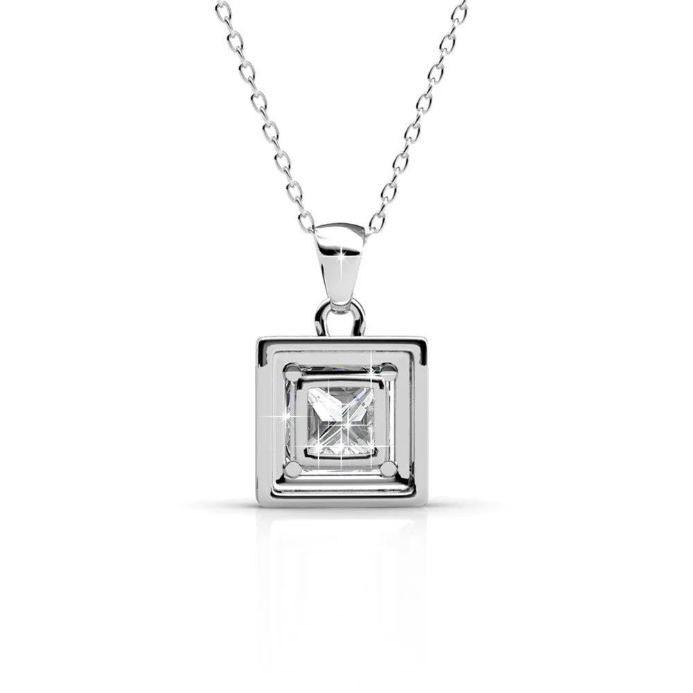 Ekatrina Pure 18k White Gold Plated Halo Pendant Necklace with Sparkling Square Cut Swarovski Crystal