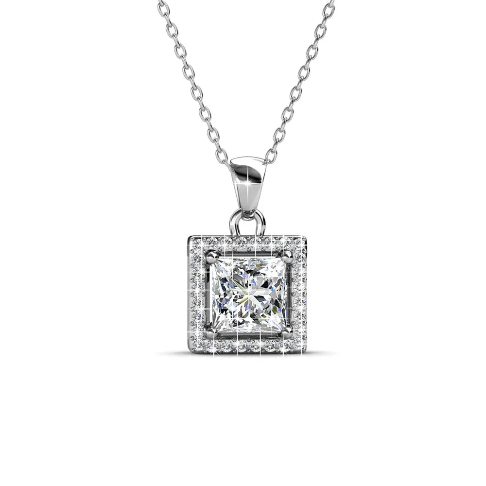 Ekatrina Pure 18k White Gold Plated Halo Pendant Necklace with Sparkling Square Cut Swarovski Crystal