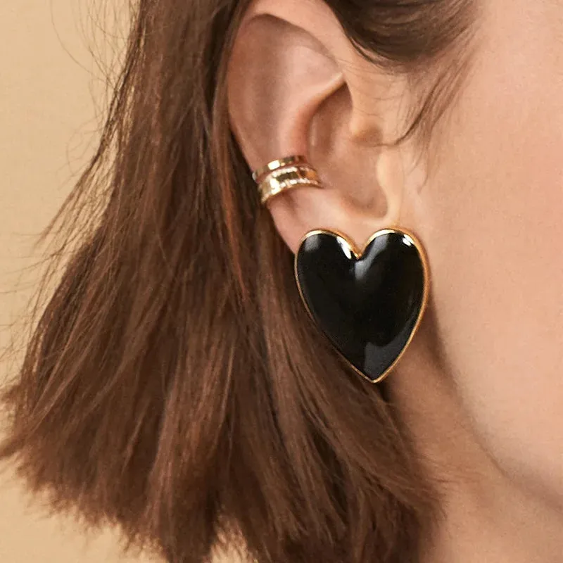 Enamel Heart Black Oil Street Trendy Statement Love Big Earring