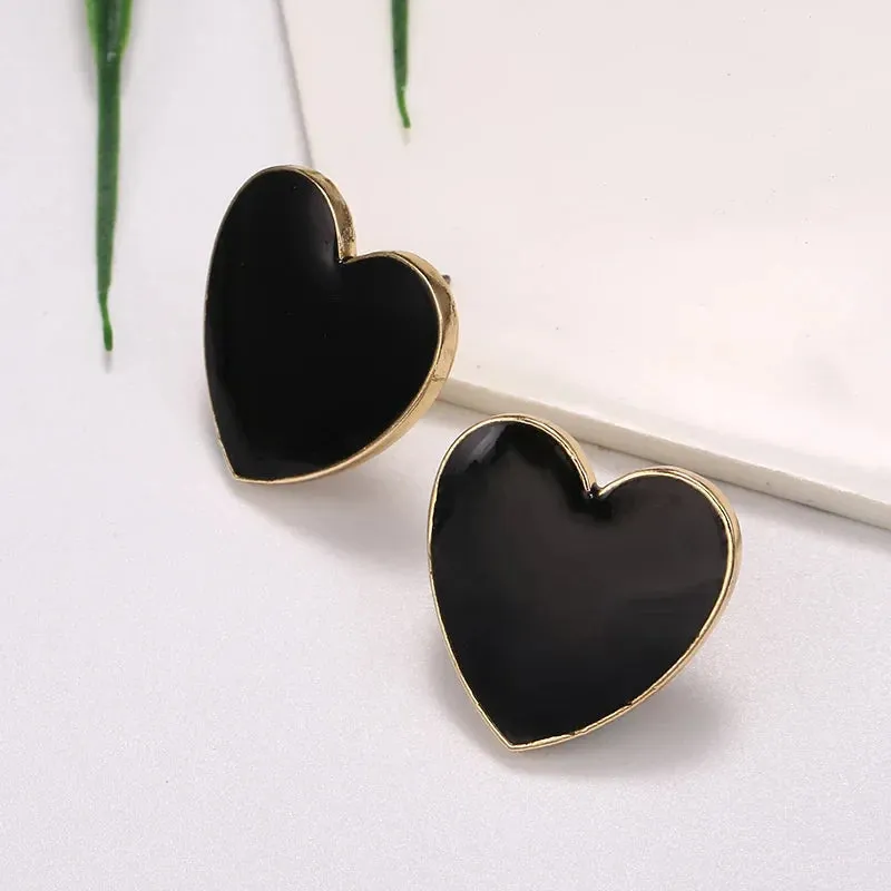 Enamel Heart Black Oil Street Trendy Statement Love Big Earring