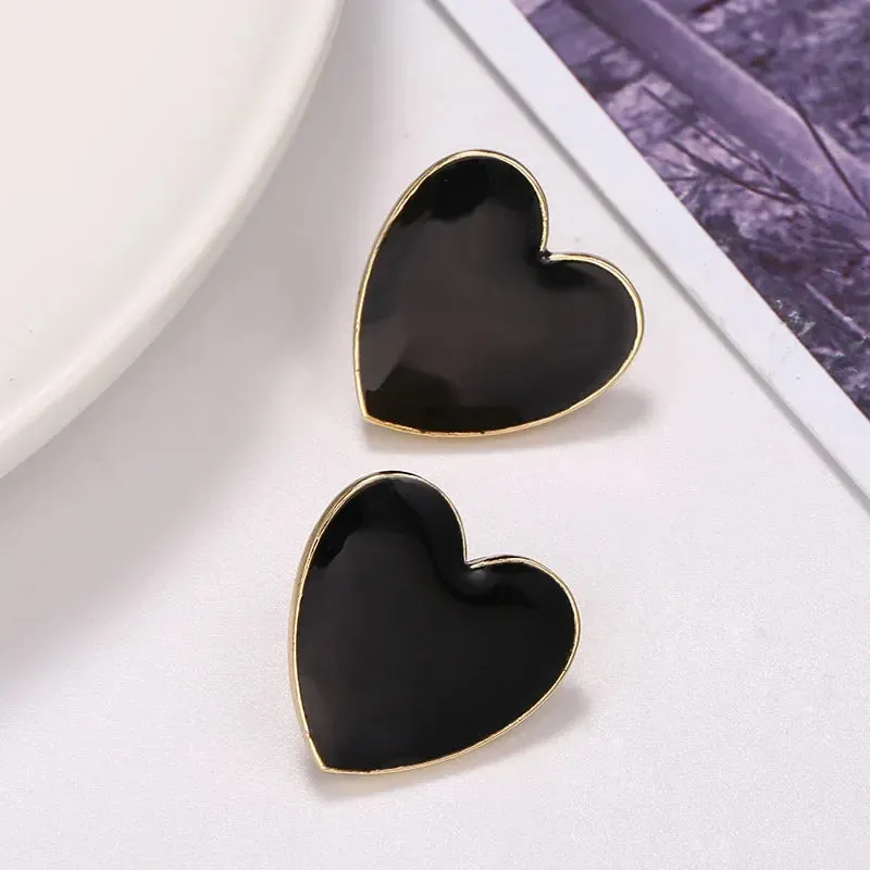 Enamel Heart Black Oil Street Trendy Statement Love Big Earring