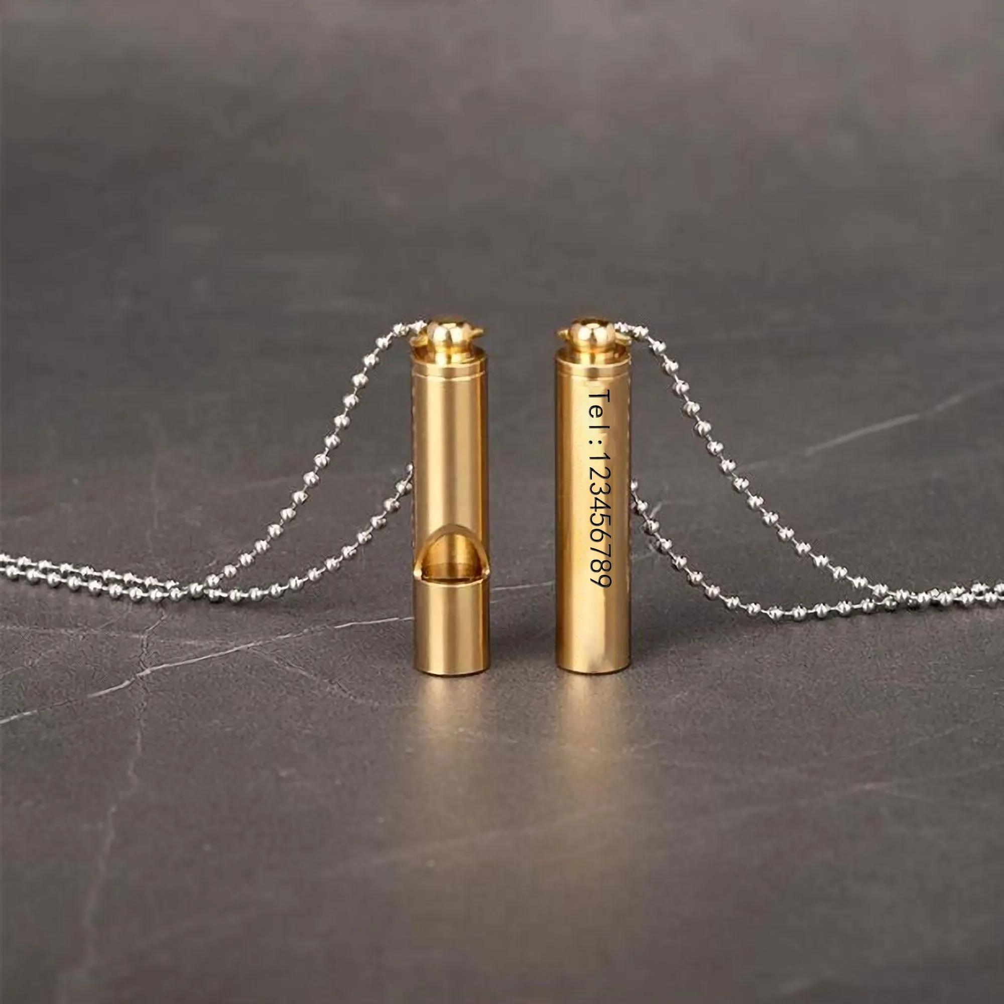 Engraved Text Brass Whistle Necklaces Custom Phone Number Children Anti-lost Necklace