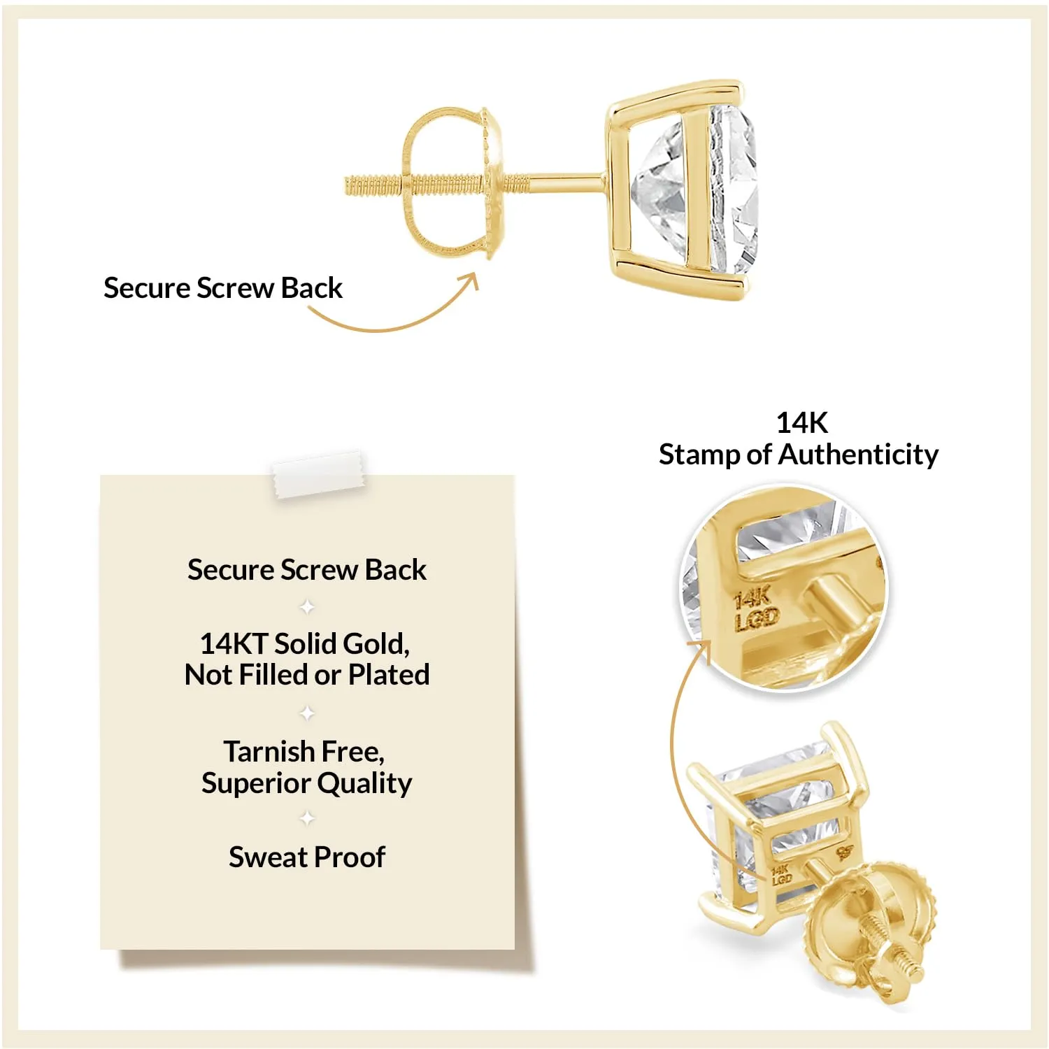 Everyday Elegance 14K Solid Yellow Gold Classic Four Prong Stud Earrings | Princess Cut Lab Grown Diamond | Screw Back Posts | 3.0 CTW (E-F Color, VS2-SI1 Clarity) | With Gift Box