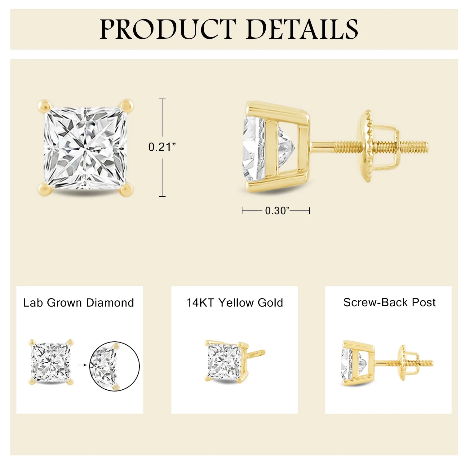 Everyday Elegance 14K Solid Yellow Gold Classic Four Prong Stud Earrings | Princess Cut Lab Grown Diamond | Screw Back Posts | 3.0 CTW (E-F Color, VS2-SI1 Clarity) | With Gift Box