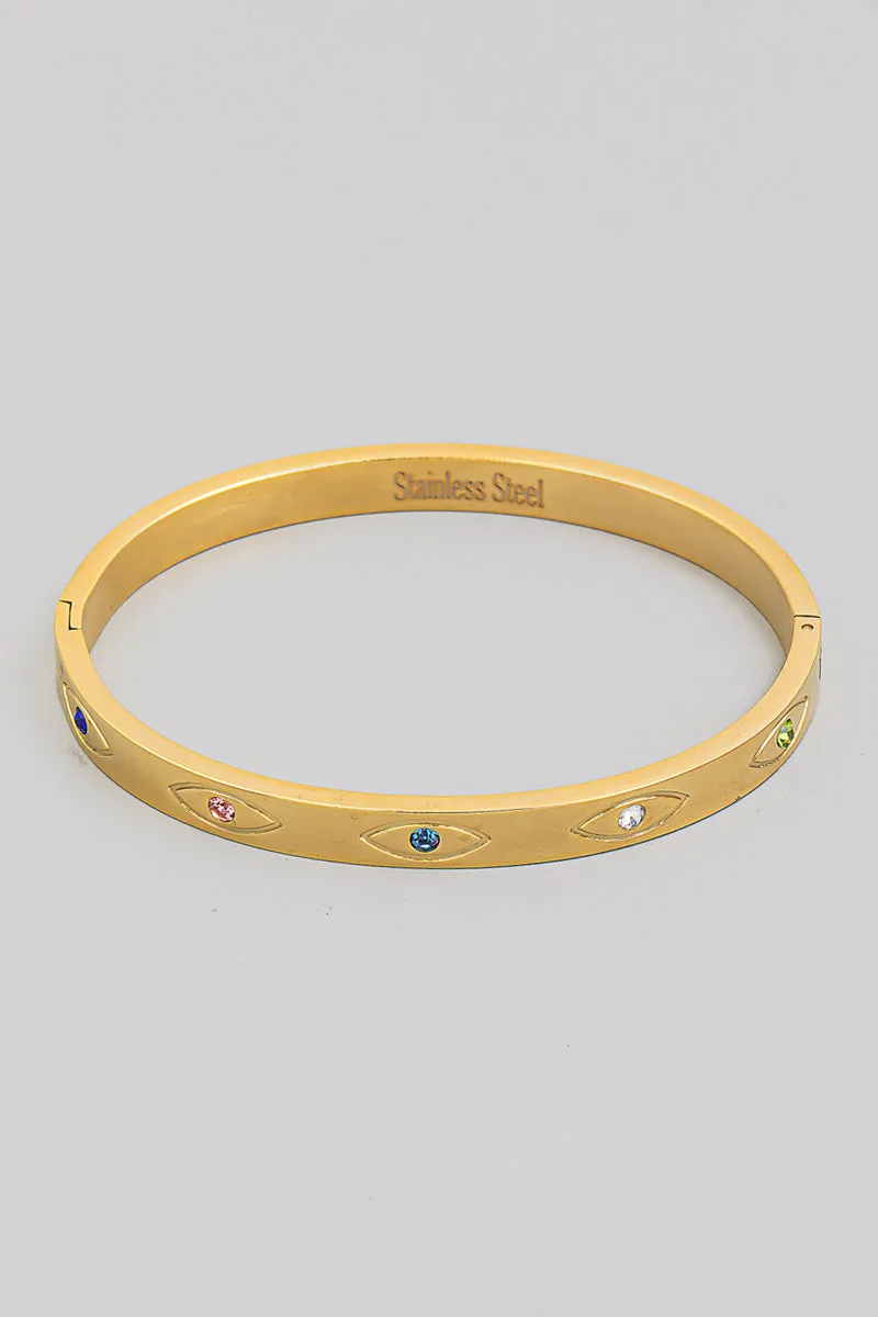 Evil Eye With Jewel Accents Bangle With Clasp Closure In Gold