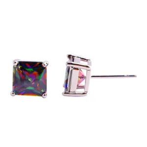 Fashion Women Jewelry Decent Princess Cut Mysterious Rainbow Topaz Silver Stud Earrings