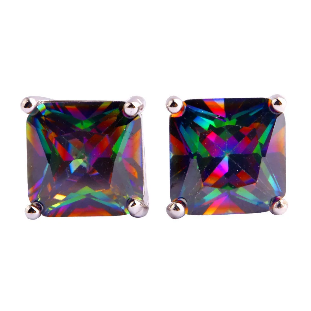 Fashion Women Jewelry Decent Princess Cut Mysterious Rainbow Topaz Silver Stud Earrings