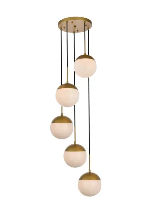 Five Light Pendant from the Eclipse Collection in Brass And Frosted White Finish by Elegant Lighting