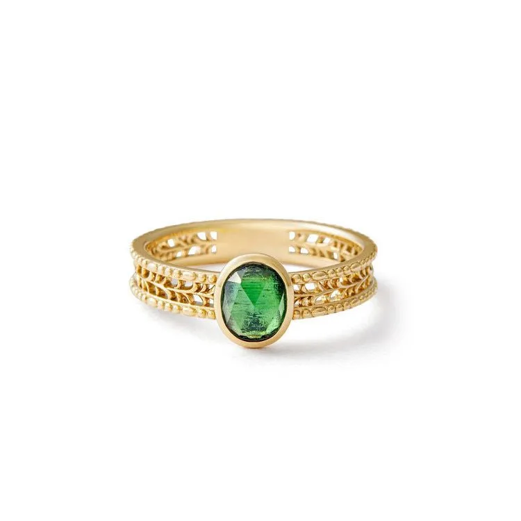 French Retro Leaf Hollow-Out Natural Green Tourmaline Ring Set