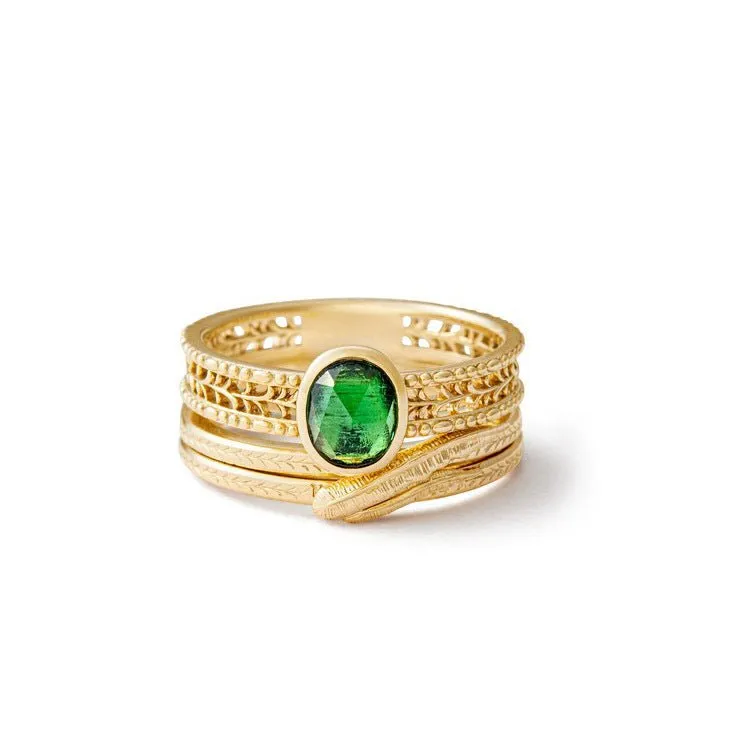 French Retro Leaf Hollow-Out Natural Green Tourmaline Ring Set