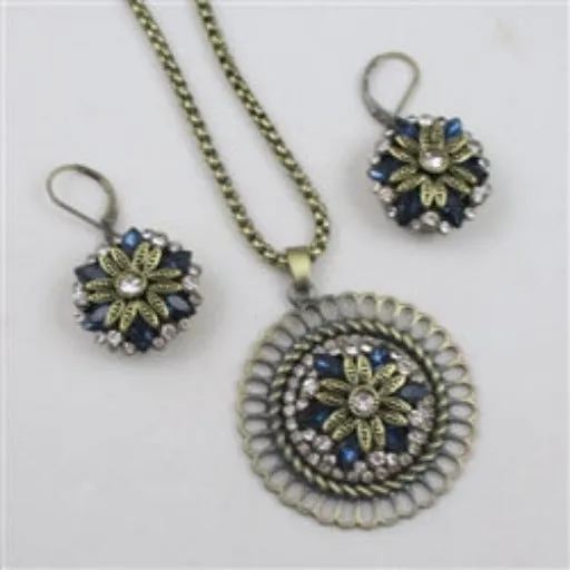 Gold & Blue Crystal & Rhinestone Pendant Necklace & Earrings