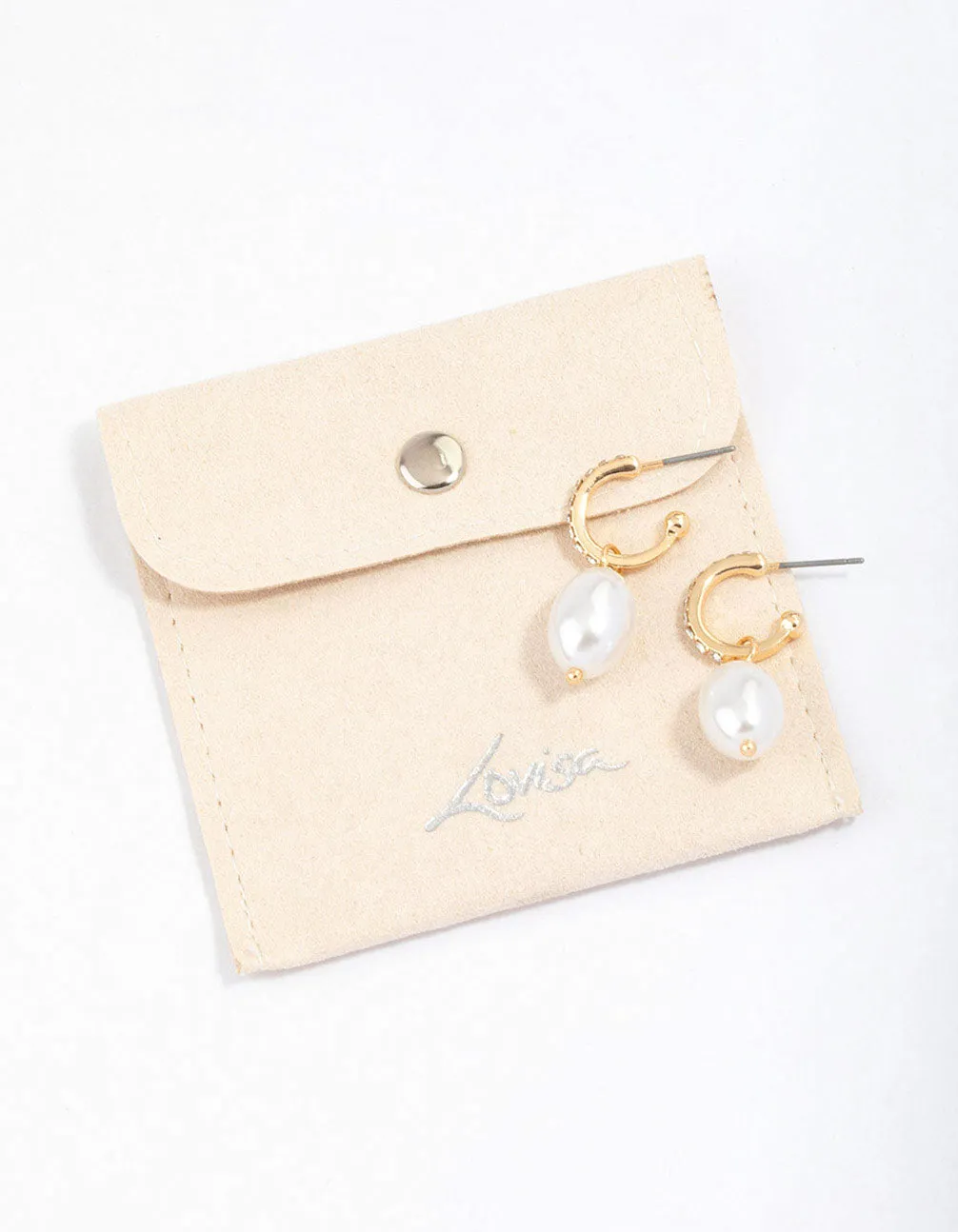 Gold Diamante Pearl Drop Huggie Earrings & Polishing Set