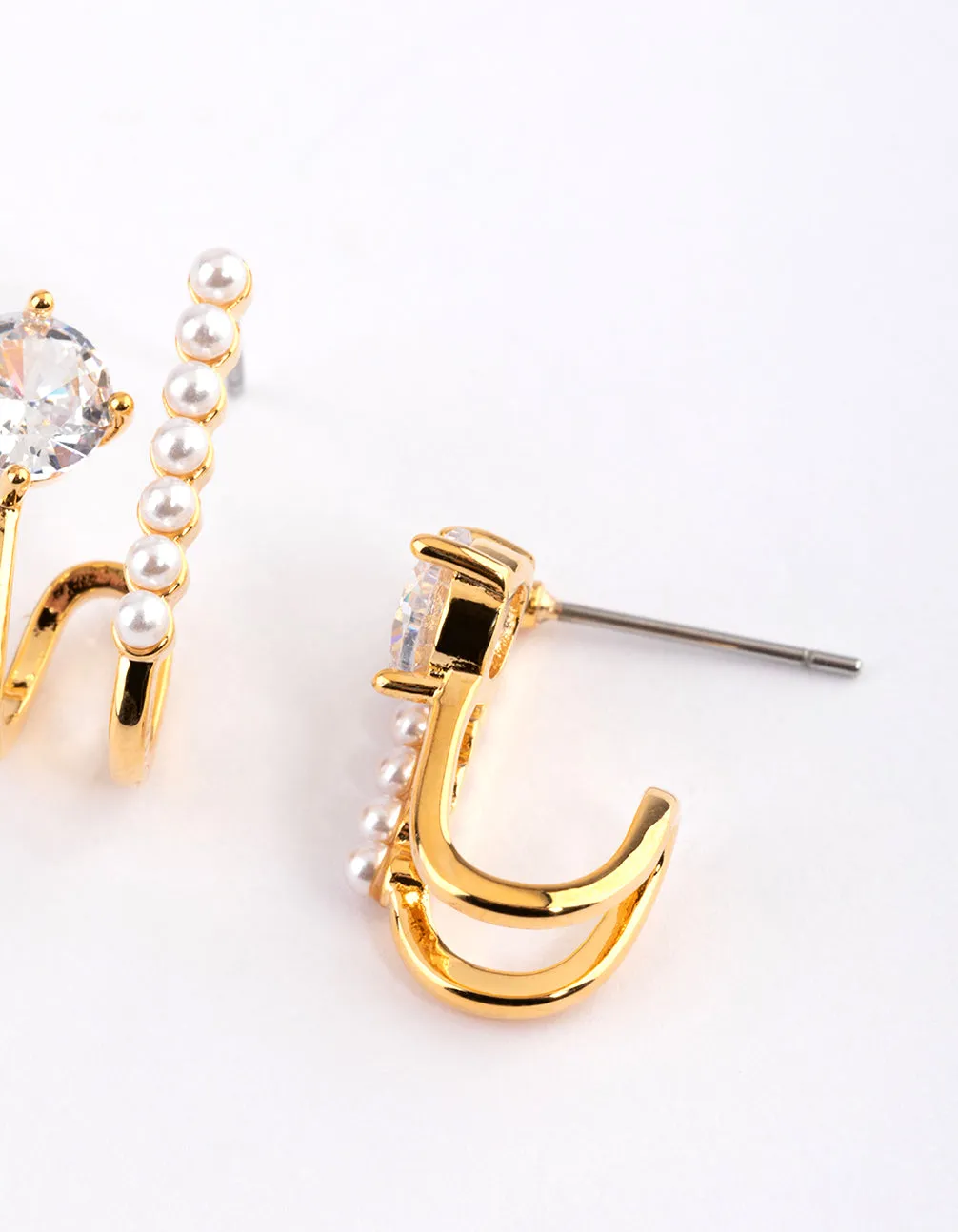 Gold Plated Diamante Small Pearl Cuff Earrings