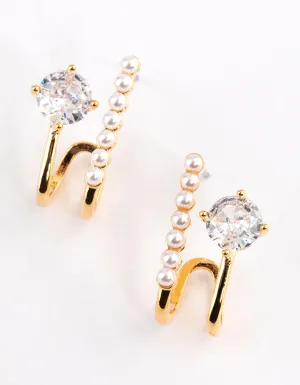 Gold Plated Diamante Small Pearl Cuff Earrings