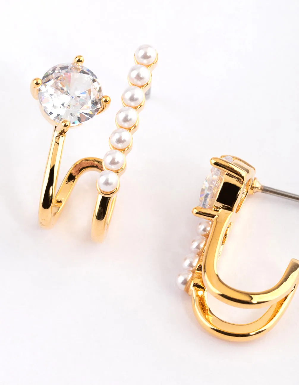 Gold Plated Diamante Small Pearl Cuff Earrings