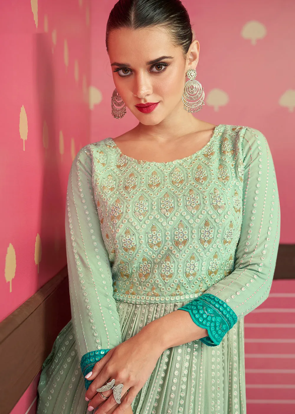 Iconic Aqua Green Embroidered Long Palazzo Suit