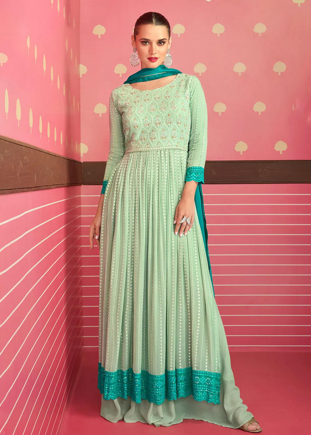 Iconic Aqua Green Embroidered Long Palazzo Suit