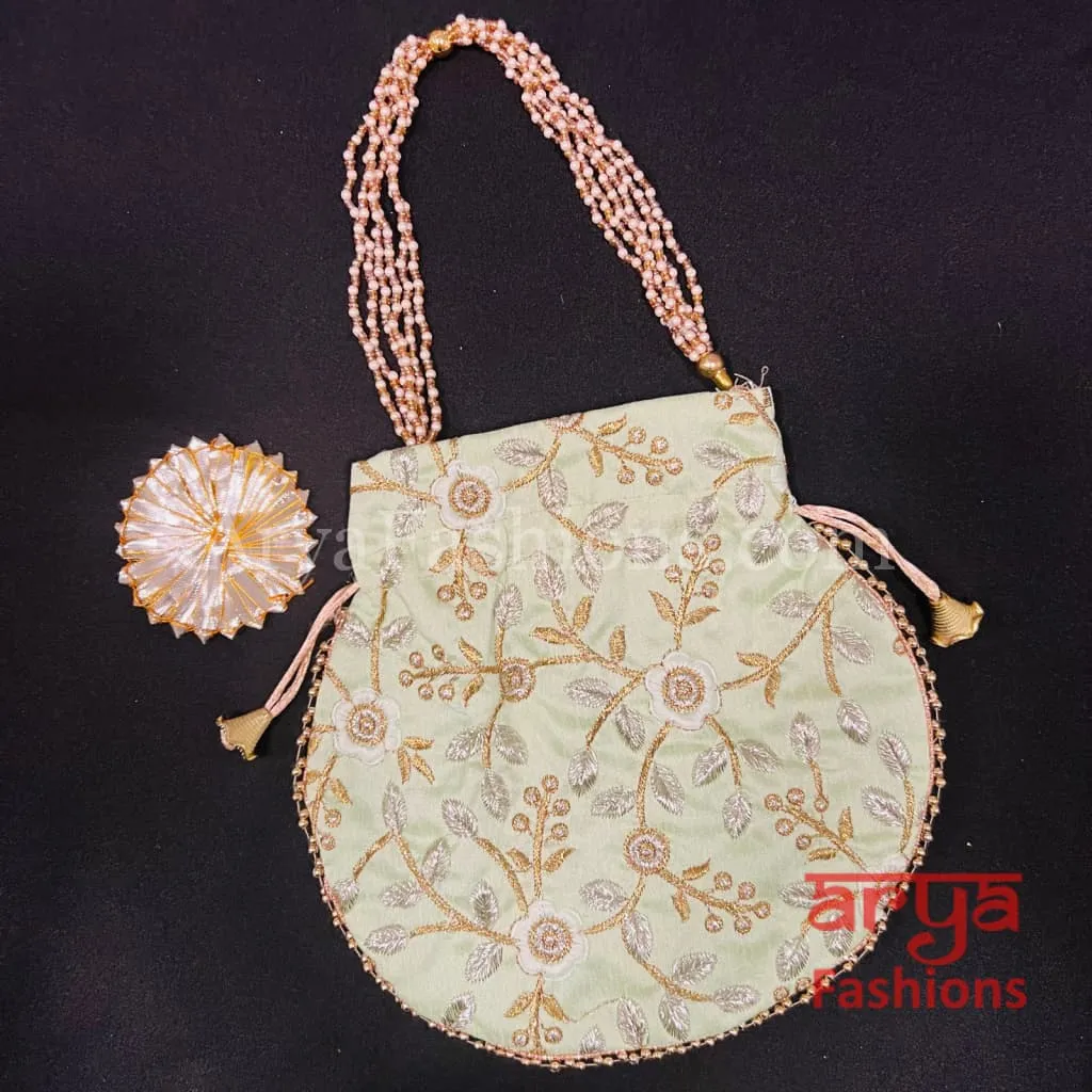 Jaipuri Satin Potli Designer Bag/ Traditional Embroidered Potli / Haldi Mayun Gift