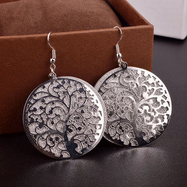 Jewelry Round Life Tree Hollow Out Scrub Earrings for Women