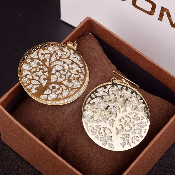 Jewelry Round Life Tree Hollow Out Scrub Earrings for Women