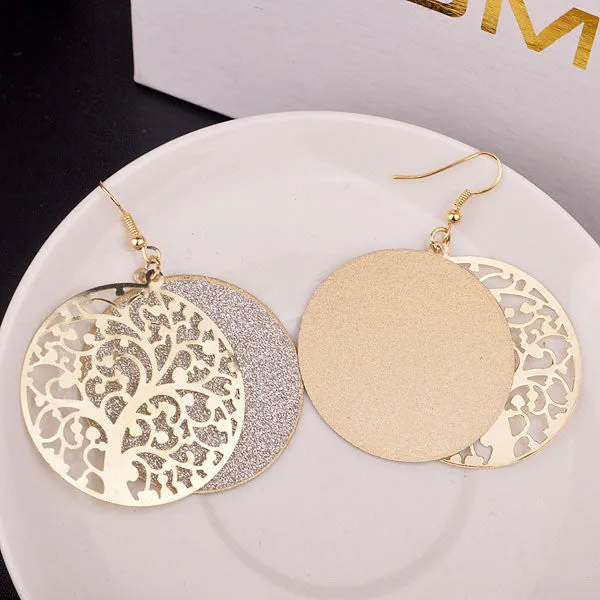 Jewelry Round Life Tree Hollow Out Scrub Earrings for Women