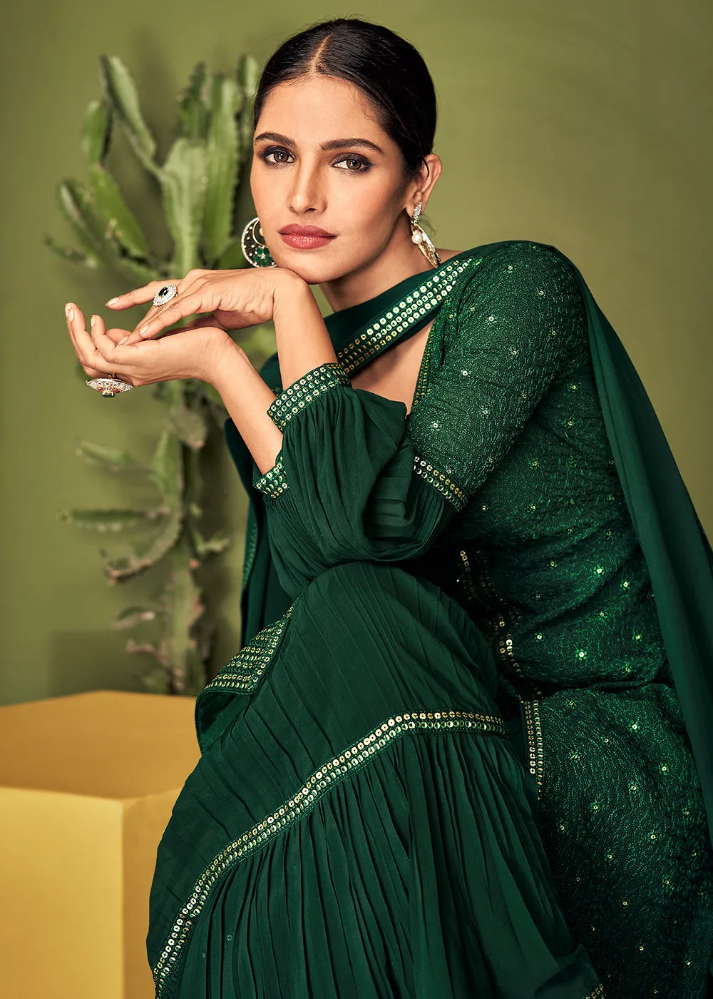 Luminous Dark Green Georgette Function Wear Palazzo Suit