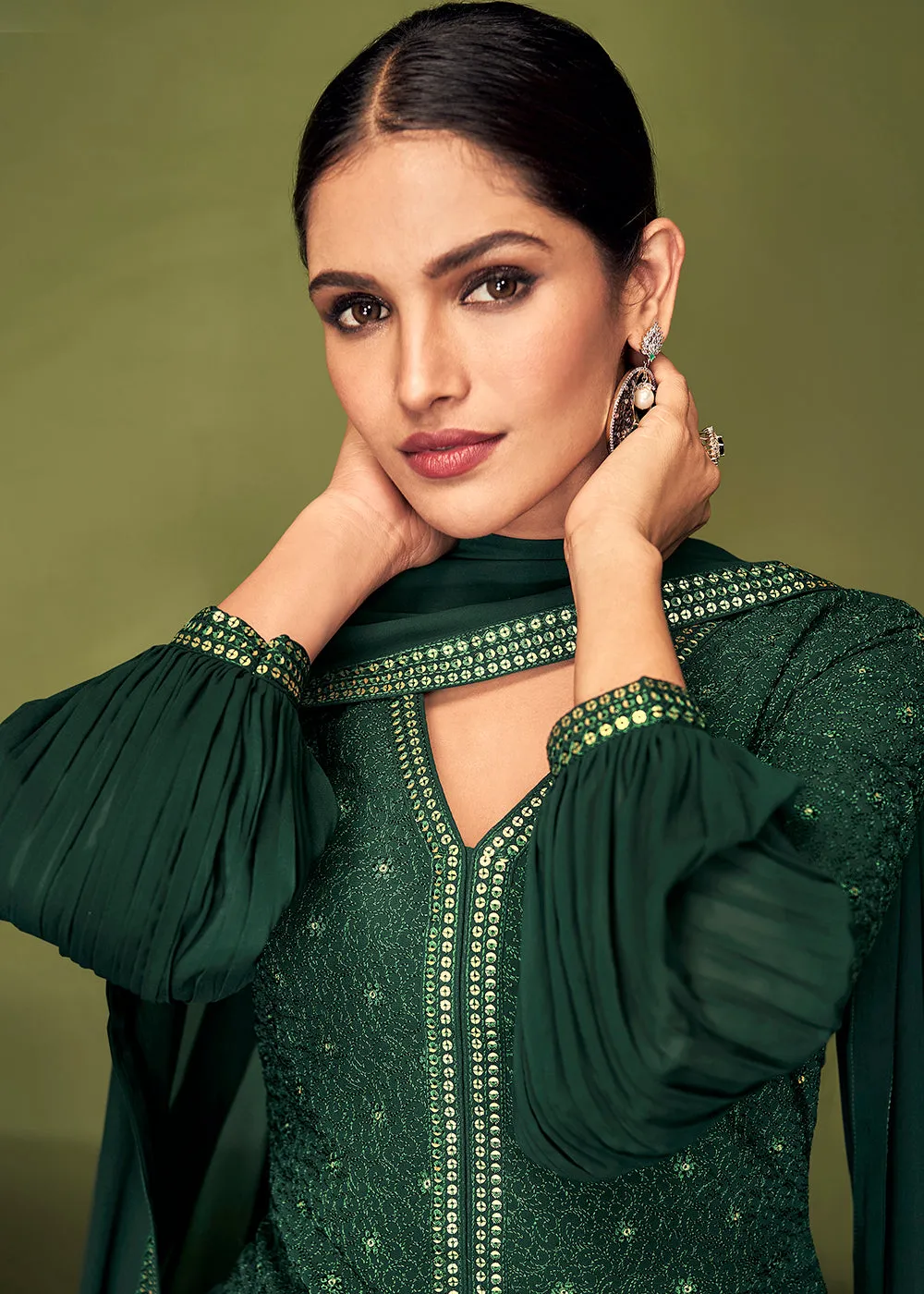 Luminous Dark Green Georgette Function Wear Palazzo Suit