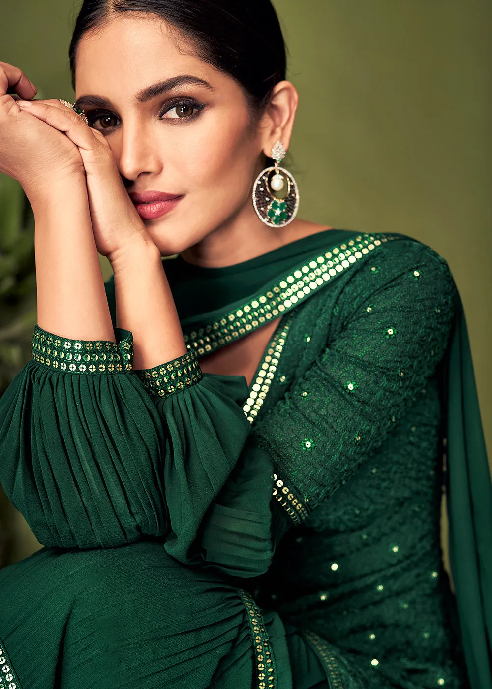 Luminous Dark Green Georgette Function Wear Palazzo Suit