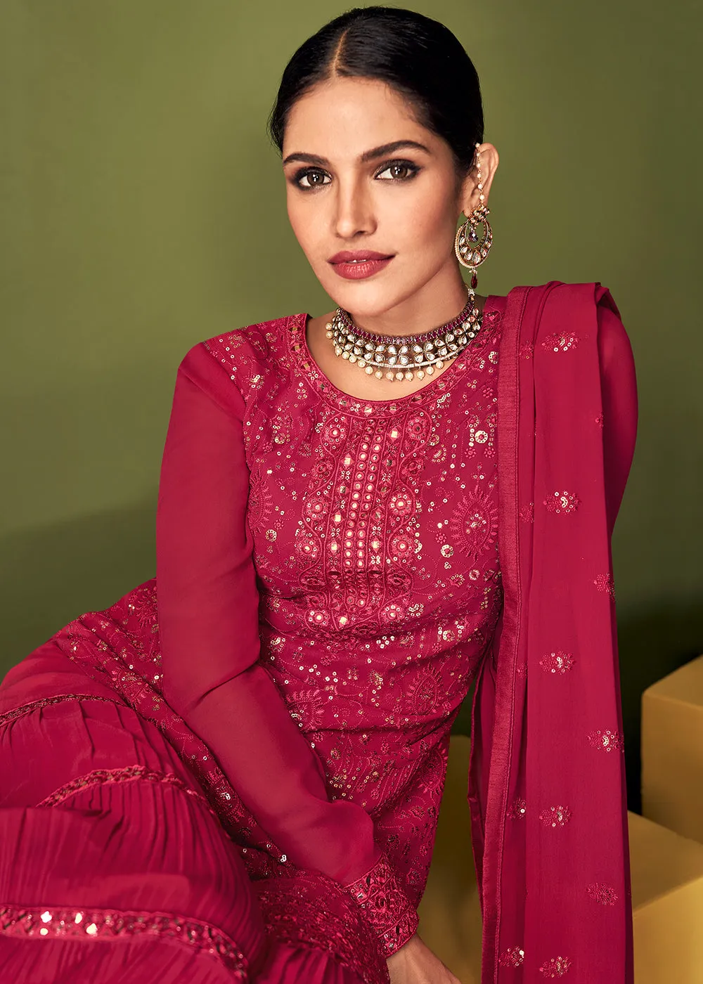 Luxurious Peony Pink Georgette Function Wear Palazzo Suit