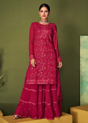 Luxurious Peony Pink Georgette Function Wear Palazzo Suit