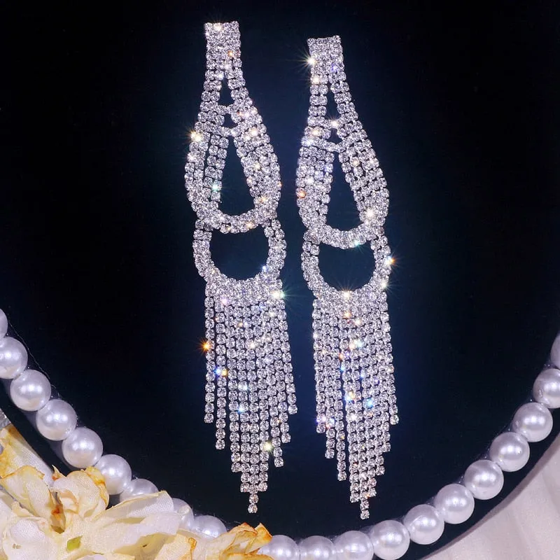 Luxury Bling Crystal Rhinestone Long Tassel Dangle Earrings for Women Wedding Bridal Big Drop Earrings Brincos Jewelry Bijoux