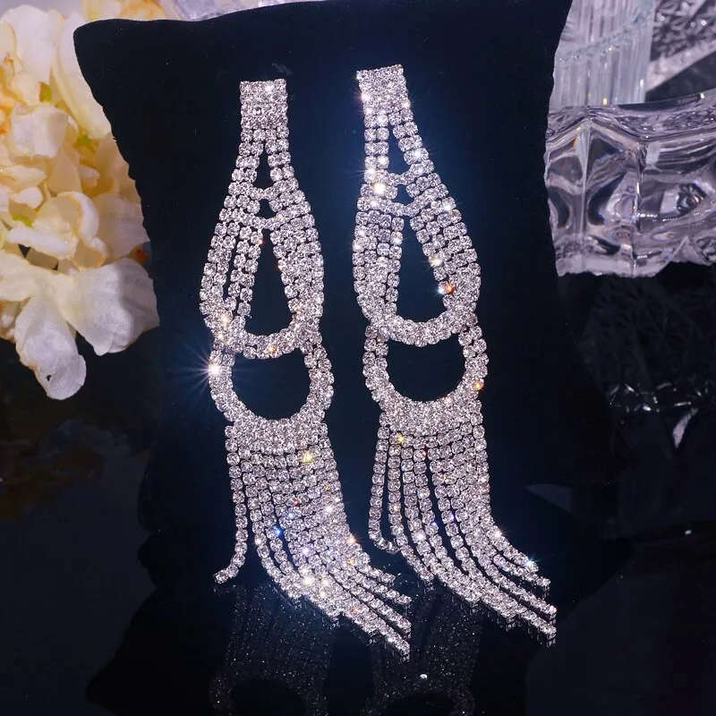 Luxury Bling Crystal Rhinestone Long Tassel Dangle Earrings for Women Wedding Bridal Big Drop Earrings Brincos Jewelry Bijoux