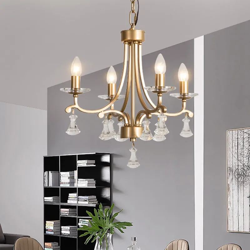 Modern Brass Starburst Chandelier with Crystal Drop - 4 Bulb Metal Pendant Light