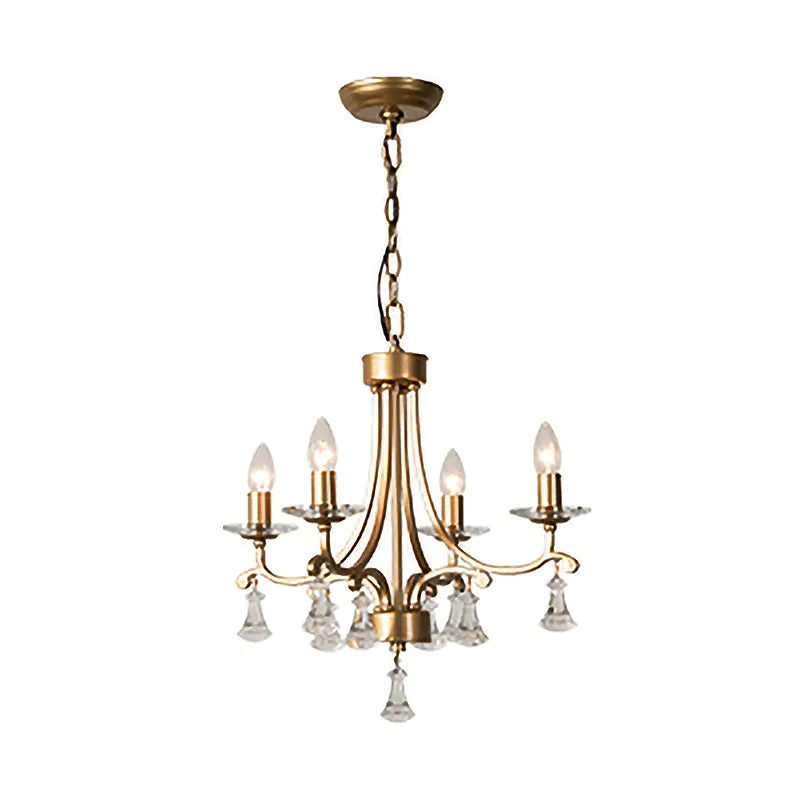 Modern Brass Starburst Chandelier with Crystal Drop - 4 Bulb Metal Pendant Light